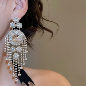 Detail view of elegant silver rhinestone tassel earrings with geometric circular design