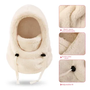 Detail of plush winter hood scarf with adjustable drawstrings and soft faux fur material