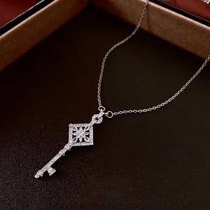 Key Pendant Necklace Copper Zircon Rhombus Flower Hollow Design Silver Color Light Luxury Vintage Jewelry For Women