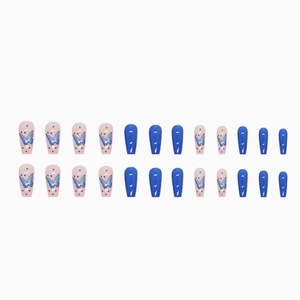 24-piece press-on nails featuring blue butterflies, polka dots, and blue matte finish