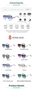 Detailed size chart and multi-color options for rimless square metal sunglasses