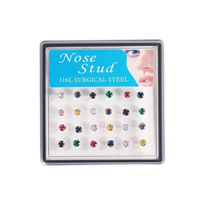 Set of 316L surgical steel nose studs with colorful cubic zirconia in a white display box