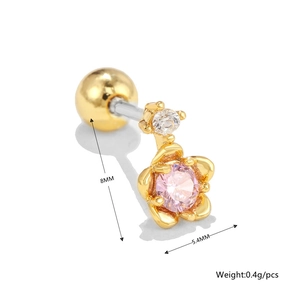 Detail of 8mm gold flower piercing stud with pink zircon stone and size specifications