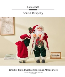 Detailed view of plush Santa Claus figure with gift bag and golden belt buckle