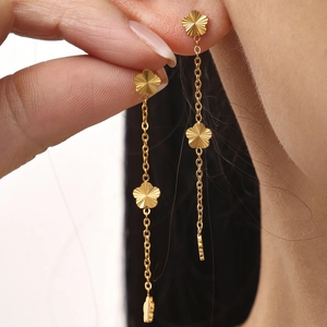 Elegant 18K gold plated stainless steel floral tassel earrings for women fashion