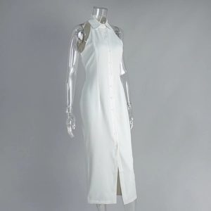 Front view of white sleeveless maxi dress with lapel collar and button-down slit detail