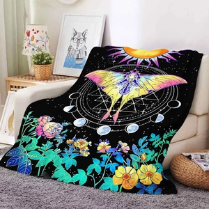 3D printed flannel blanket with moth and sun patterns on white sofa home decor