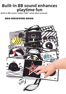 Detail of high-contrast black and white baby cloth book with squeeze sound feature