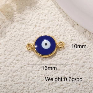 Macro view of blue enamel Evil Eye connector charm with 16mm x 10mm size markings