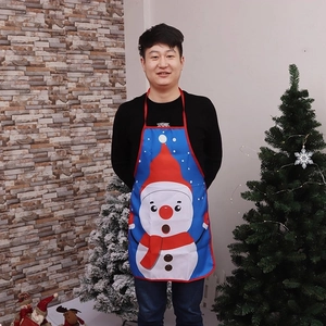 Blue Christmas snowman apron with red trim for festive holiday party costume