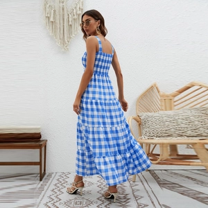 Blue and white gingham bohemian tiered maxi dress with adjustable straps and layered skirt