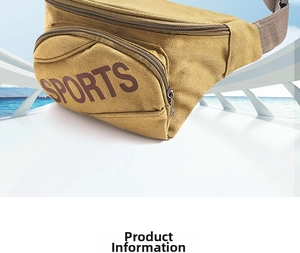 Close-up of khaki canvas waist bag featuring SPORTS logo on a nautical background