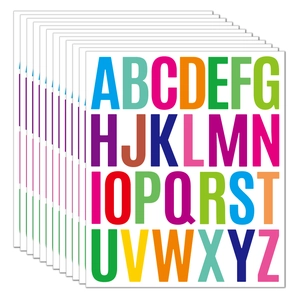 Close-up of 10 sheets colorful waterproof alphabet stickers for journals and industrial use