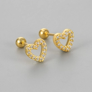 Gold hollow heart stud earrings with white zircons and secure screw ball backing