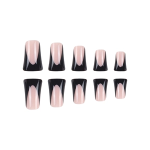 Glossy black and pink French trapezoid press-on nails in various sizes on white background