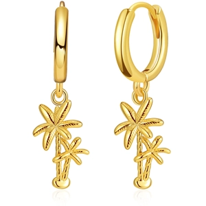 Detail of 18K gold-plated coconut tree charms on minimalist tropical hoop earrings