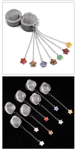 Set of 7 mesh tea strainers with colorful star-shaped natural stone pendants