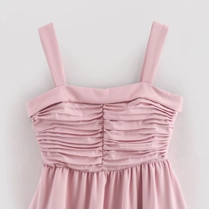 Elegant pink ruched mini dress with thin straps and delicate chiffon pleats for women