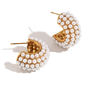 Fashion 18K gold plated C-shape hoop earrings with micro-inlaid pearls and crystals