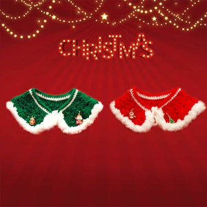 Pet Christmas Scarf Crochet Knit Cape With Faux Fur Trim And Enamel Charms Warm Holiday Bib For Small Dogs Cats