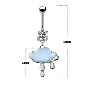 Silver belly button ring with blue cloud pendant and jewels, measuring 51mm in length