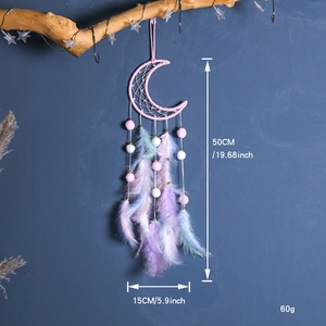 Pink and purple moon dreamcatcher with feathers, 50cm height, for wall decoration
