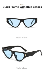Detail view of cat eye sunglasses featuring black frames with blue lenses and gold trim