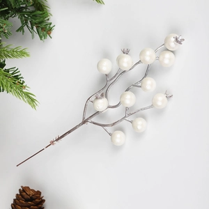 Artificial white berry branch for Christmas home decor with silver textured stem on white