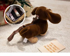 Detail view of brown dachshund plush bag interior showing large storage capacity