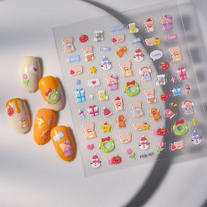 Cute cartoon Christmas nail stickers FEB-767 with bear, snowman and floral embossed designs