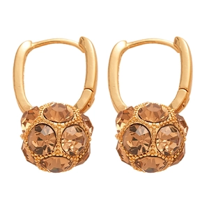 Maillard style geometric round ball hoop earrings with brown crystals in gold plating