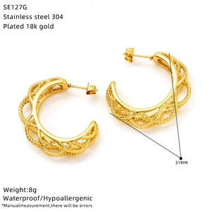 Detail showing 31mm hollow twist rope earrings in 18k gold plated stainless steel