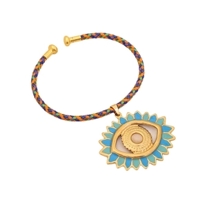 Braided evil eye cuff bracelet with gold metal accents and colorful resin eye pendant