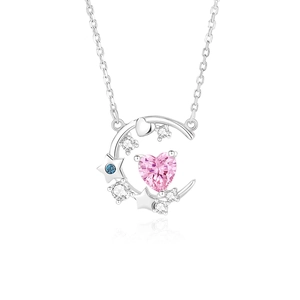 S925 silver crescent moon necklace with pink heart zircon and sparkling star accents