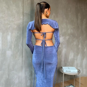 Chic blue backless three-piece dress set with ruffled details and lace-up back design