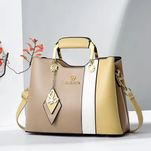 Close-up of color-block tote bag with golden logo, butterfly charm and leather texture