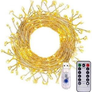 Warm yellow LED copper wire firecracker lights with USB controller and remote for Christmas