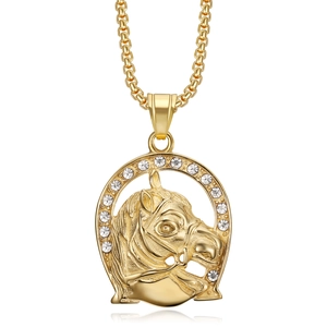 Gold plated hip hop horse head pendant necklace with horseshoe sparkling crystals