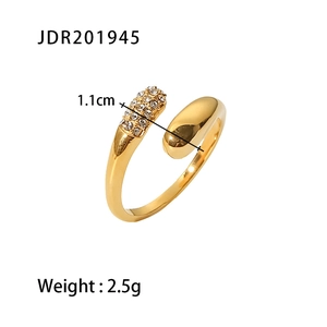 Golden irregular geometric open ring with oval plate and cubic zirconia rectangle detail