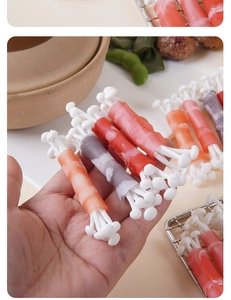 Macro detail of artificial bacon-wrapped enoki mushroom model for display and decor