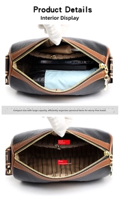 Detail view of the retro shoulder bag interior with striped lining and zipper pocket
