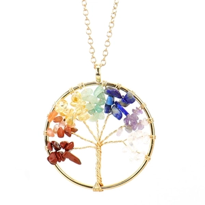 Macro detail of Tree of Life pendant with handmade wire wrapping and multi-color crystals