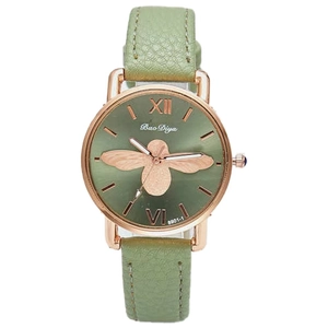 Women's quartz watch with green leather strap and gold bee motif on green dial