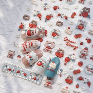 Embossed nail art stickers featuring cartoon bears and strawberry dessert patterns
