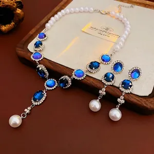 Blue Oval Rhinestone Artificial Pearl Necklace And Earrings For Women Vintage Luxury Style With Silver Earring Post Alloy