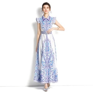 Floral print A-line dress with lapel collar and belt in blue and white patterns