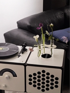Close-up of minimalist modular audio console with integrated transparent glass flower vase