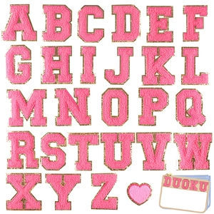 Chenille Letter Patches Rose Red Towel Embroidery Gold Glitter Border Alphabet Iron On For DIY Clothing Jackets Bags