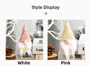 Detail of pink velvet and gold glitter gnome pendants for Christmas tree decoration