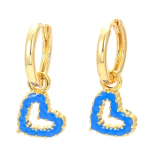Modern gold plated heart drop earrings with blue enamel and beaded metal borders